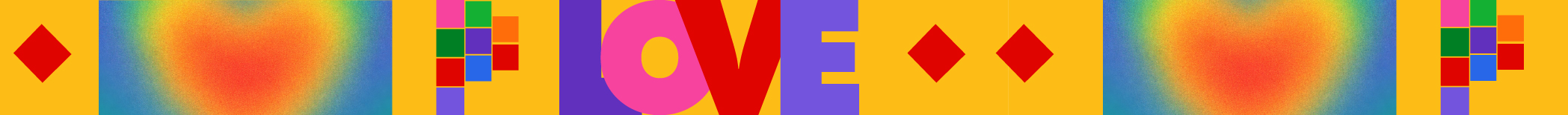 Colorful pride pattern strip with hearts, diamonds, and LOVE typography